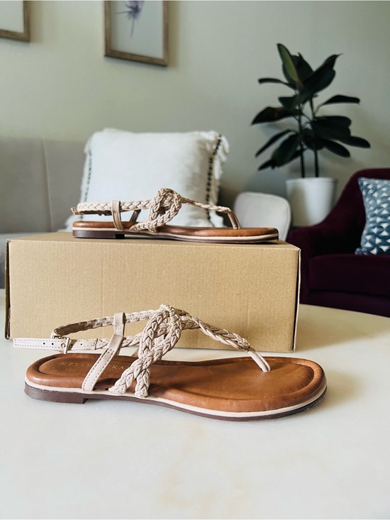 Kelly & Katie Shoes - Kelly & Katie Braided T-Strap Sandal in Beige and Brown